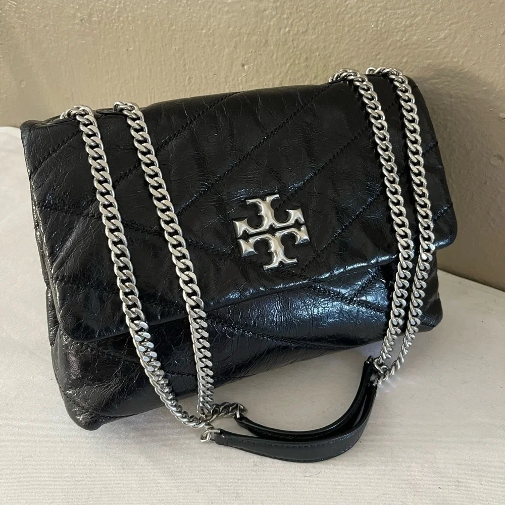 Tory Burch Kira Black Glazed Leather Crossbody Shoulder Bag Silver Hardware